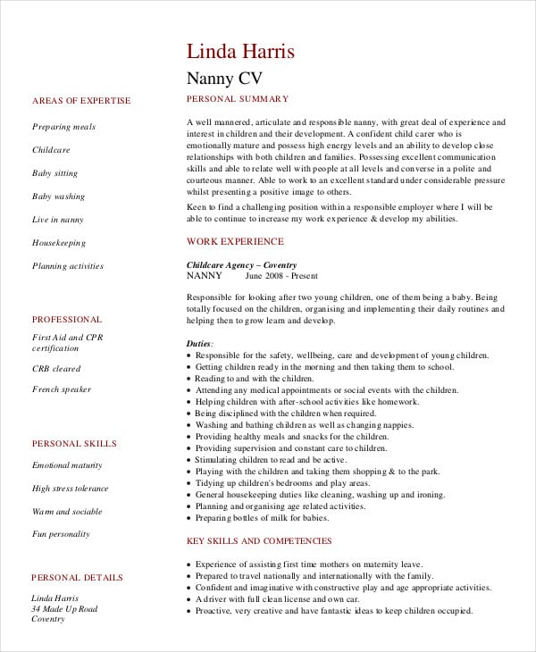 sample resume for nanny housekeeper