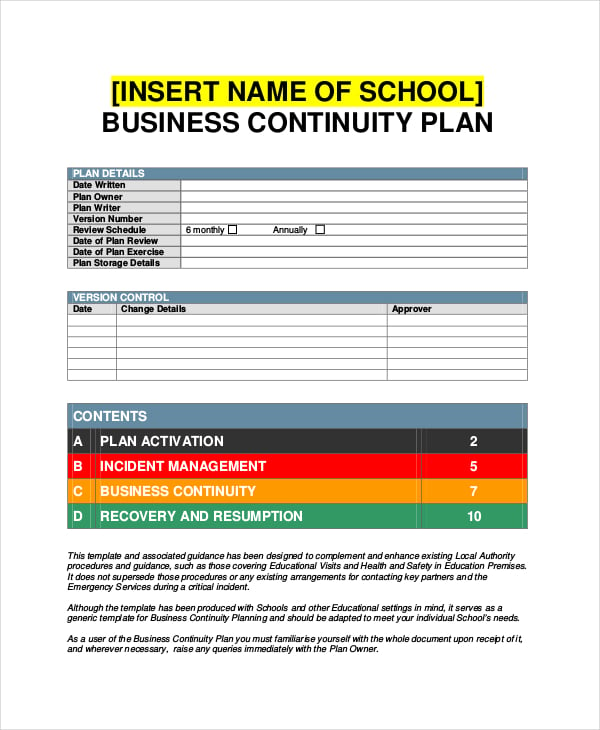 school business continuity plan template