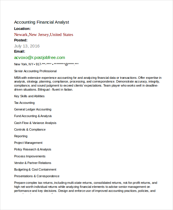 accounting financial analyst resume template