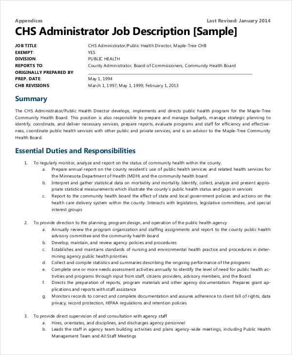 chs administrator job description template