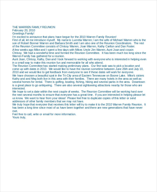 family reunion introduction letter in word