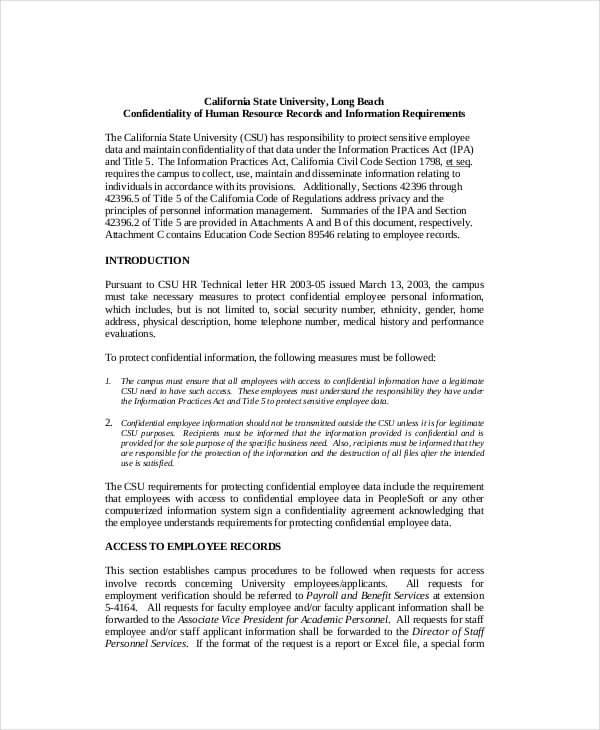 human resources confidentiality agreement template