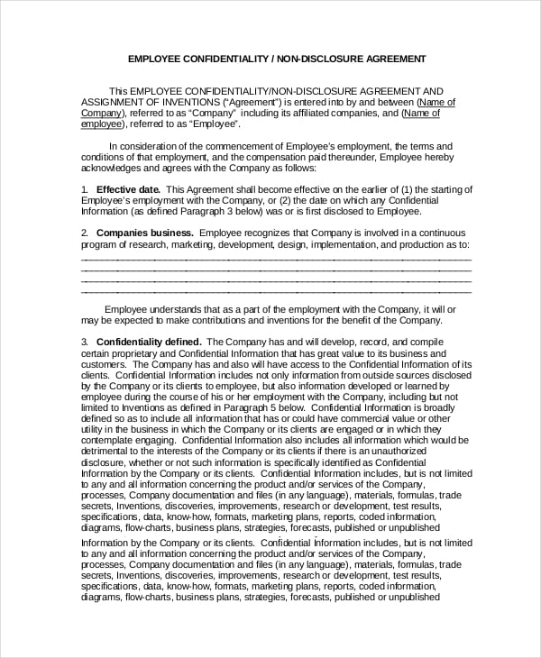 employee confidentiality agreement template