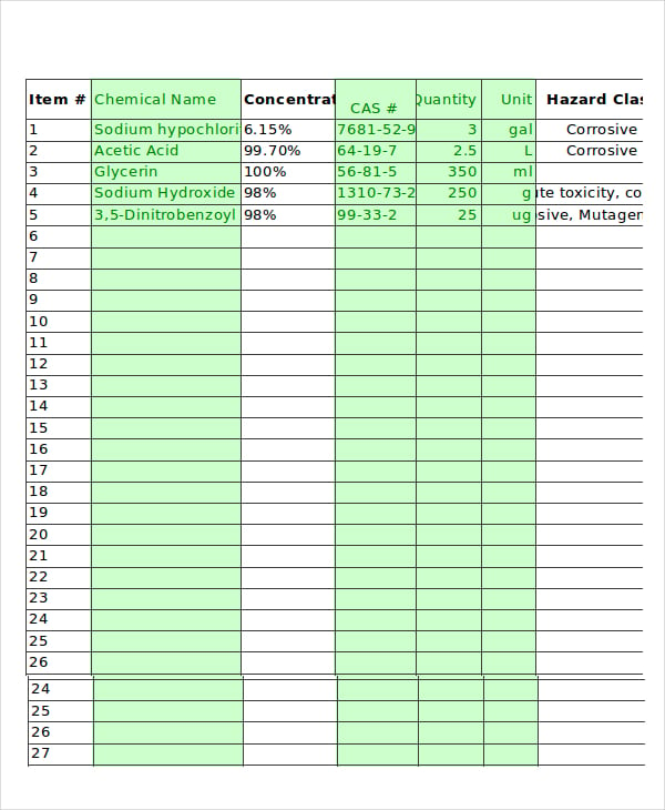 chemical inventory spreadsheet template download