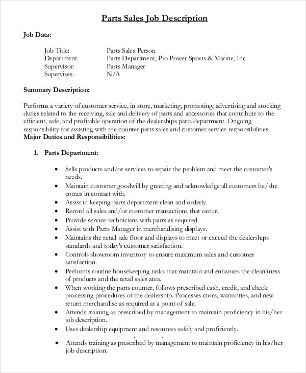Sample of job description for salesperson