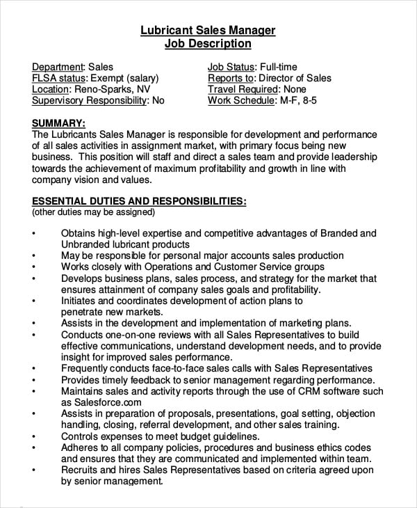 lubricant sales manager job description template in pdf