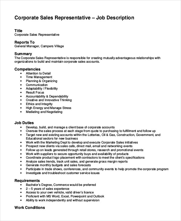 corporate sales representative job description template