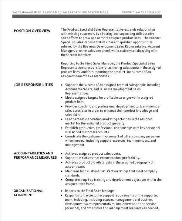 product sales specialist job description