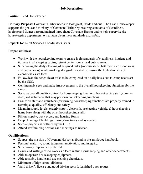 Housekeeper Job Description Example - 14+ Free Word, PDF Documents Download