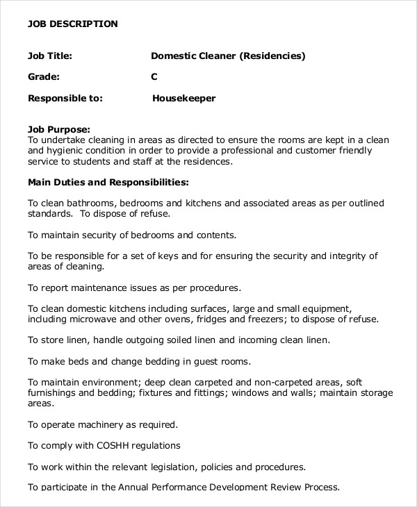 Housekeeper Job Description Example 14 Free Word PDF