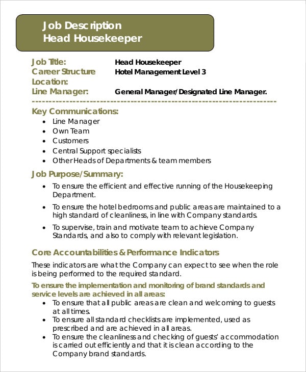 Hotel housekeepers job description