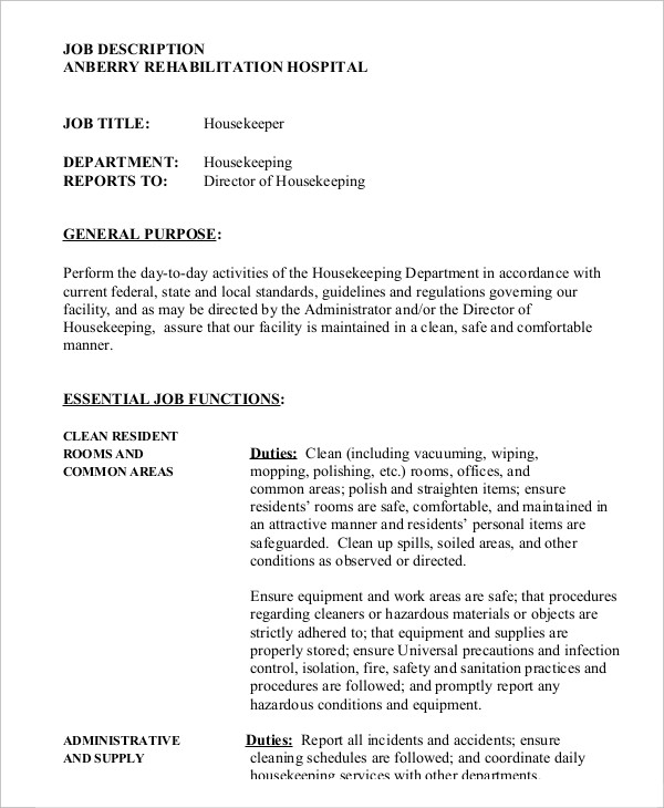 hospital housekeeper job description