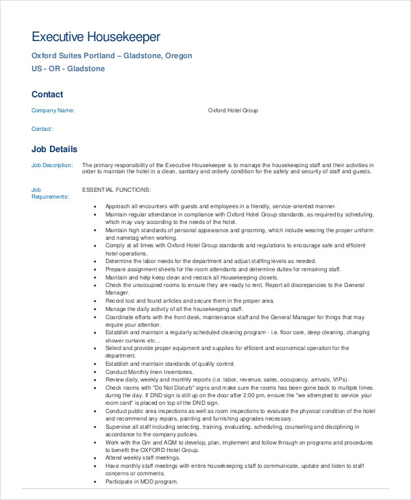 Housekeeper Job Description Example - 14+ Free Word, PDF Documents Download