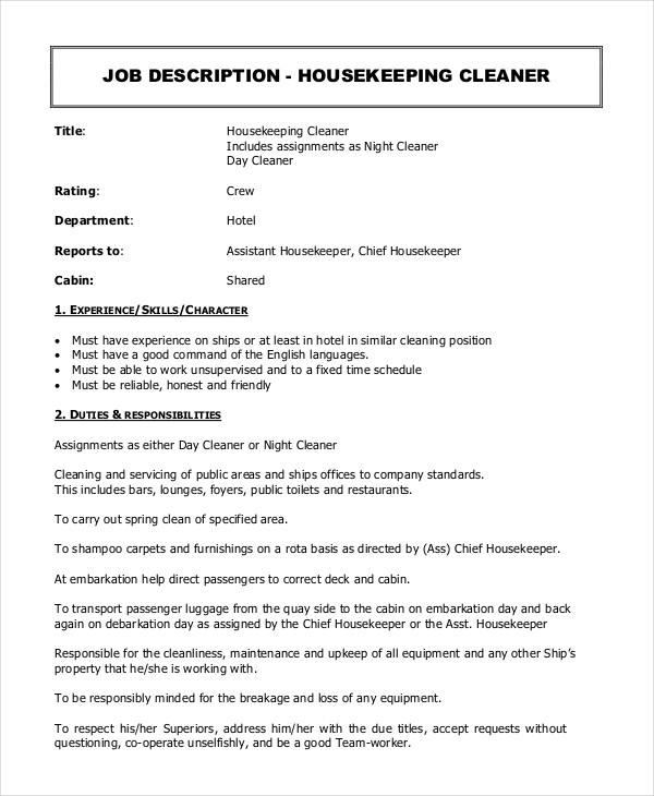 housekeeper cleaner job description