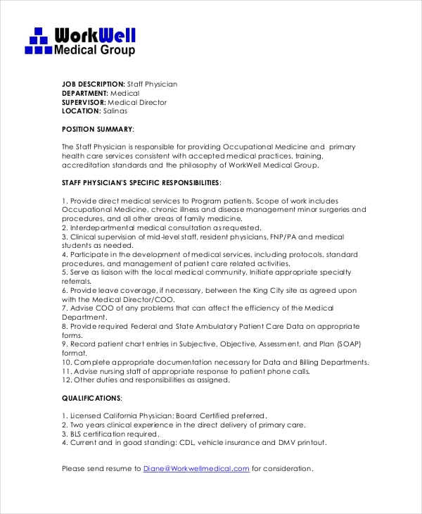 staff physician job description format