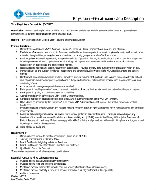 geriatrician physician job description in pdf