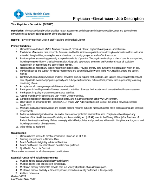 Physician Job Description Free Sample Example Format