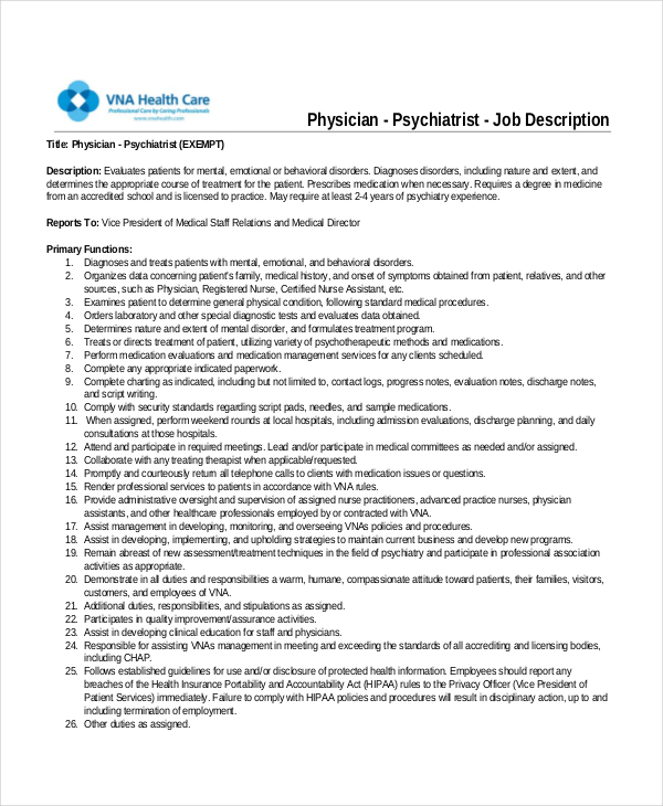 Physician Job Description Free Sample, Example, Format
