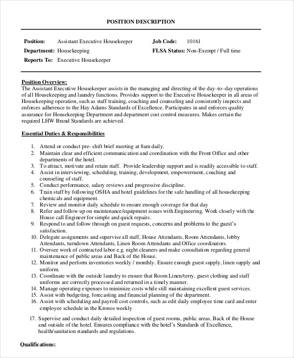 assistant executive housekeeper job description