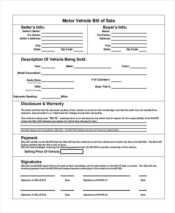 motor vehicle bill of sale 7 free word pdf documents download