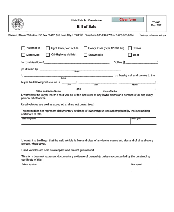 used motor vehicle bill of sale form