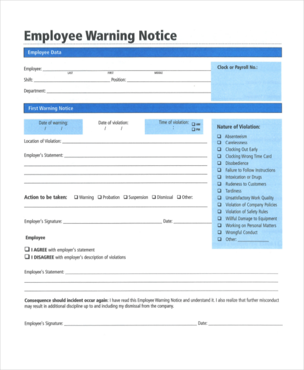 12 Printable Employee Warning Notice Templates Google Docs MS Word Apple Pages PDF