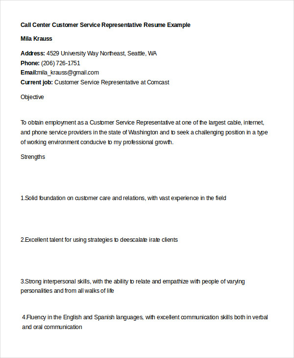 Customer Service Representative Resume 9 Free Sample