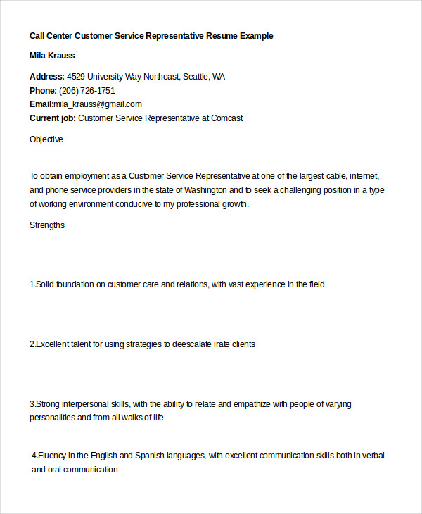 Customer Service Representative Resume - 9+ Free Sample, Example ...