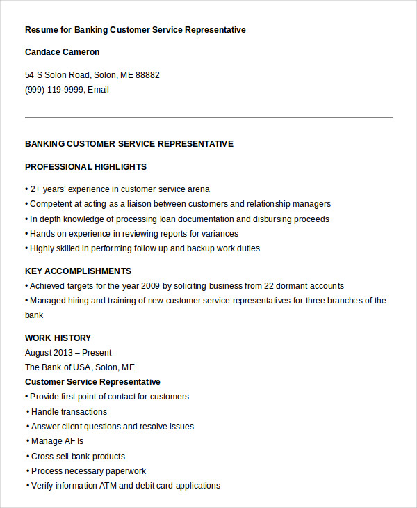 resume for customer service in bank