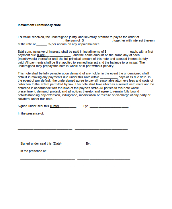 promissory tuition installment agreement