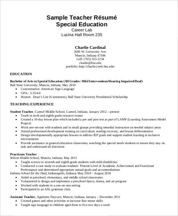 resume examples for education field