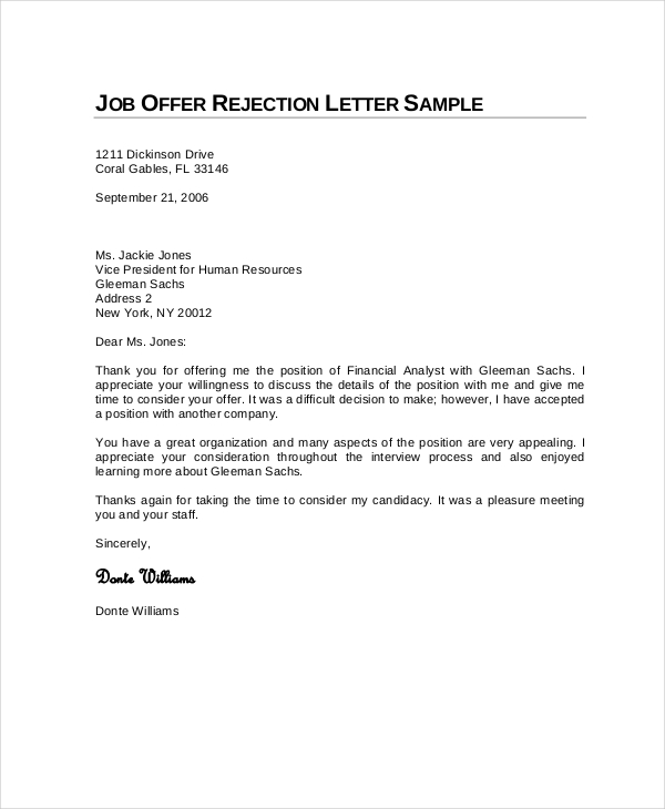 Sample Of Job Rejection Letter