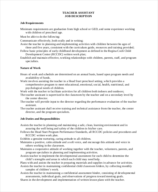 Duties Of A Teacher Aide   Teacher Assistant Job Description Sample 