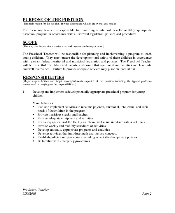 preschool teacher job description template in pdf