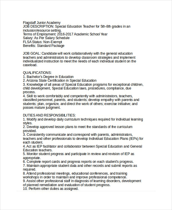 special education teacher job description template in word