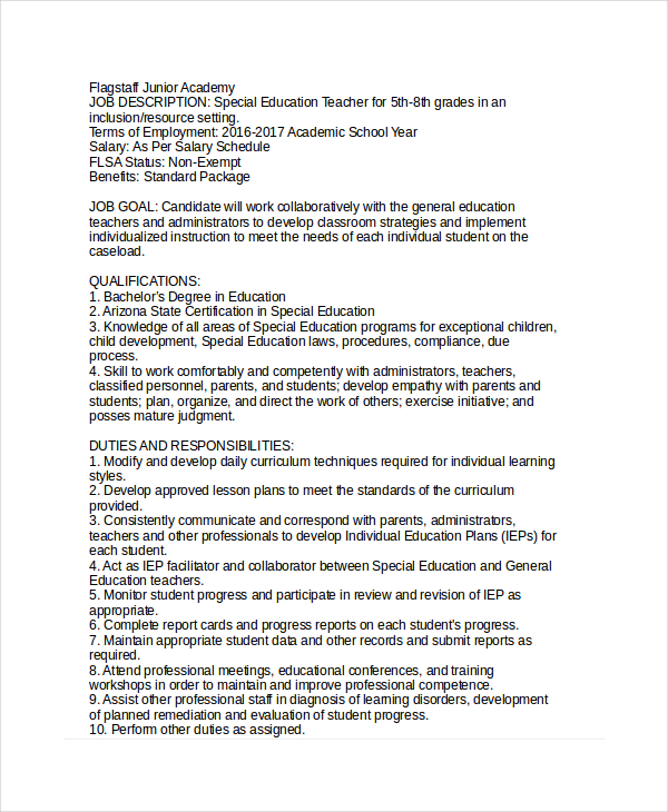 Teacher Job Description Template