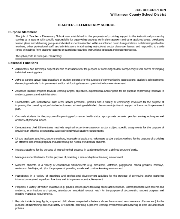 12+ Teacher Job Descriptions Free Sample, Example, Format