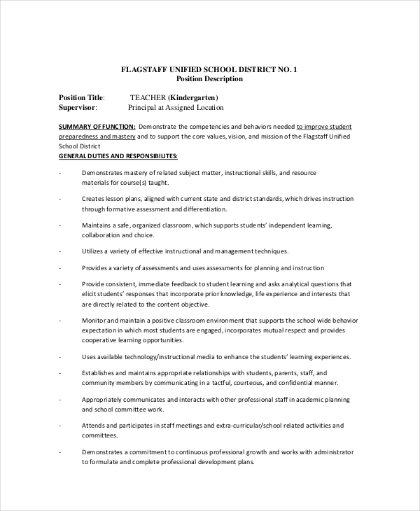 sample kindergarten teacher job description template