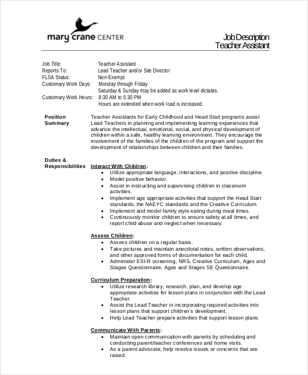 resume teacher assistant job description