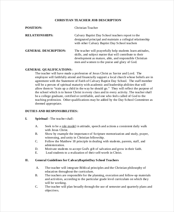 download christian teacher job description template