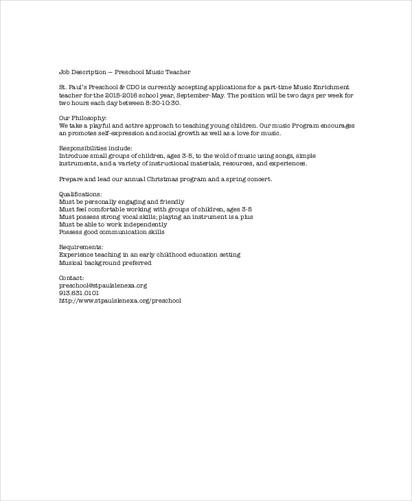 preschool music teacher job description format