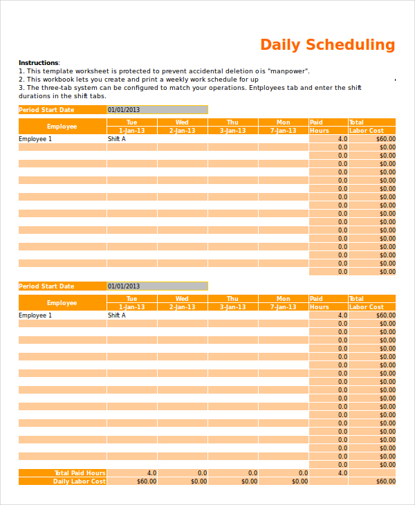 daily work schedule excel template