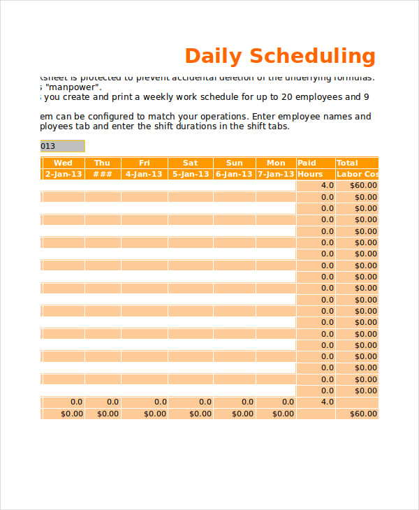 daily work schedule excel template1