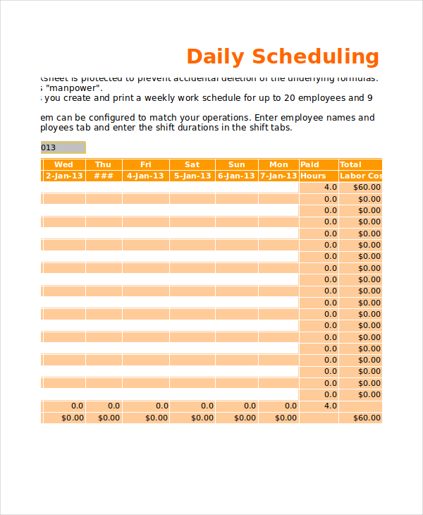 excel free daily work schedule template