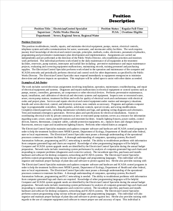Electrician Job Description 9+ Free PDF, Word Dowload Documents