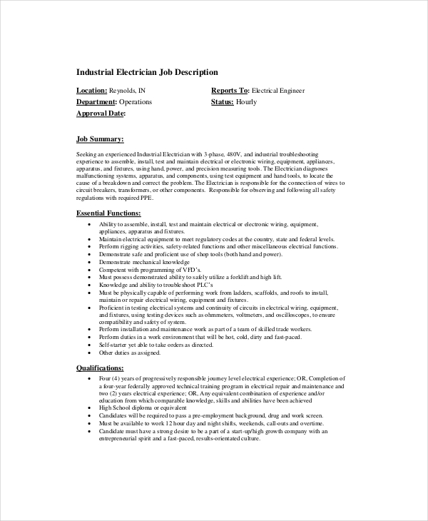 Electrical Technician Job Description