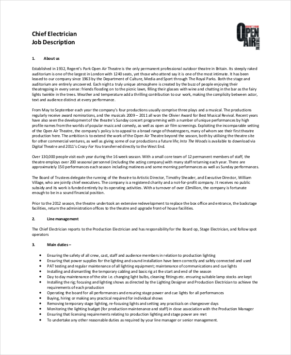 Electrician Job Description 9+ Free PDF, Word Dowload Documents