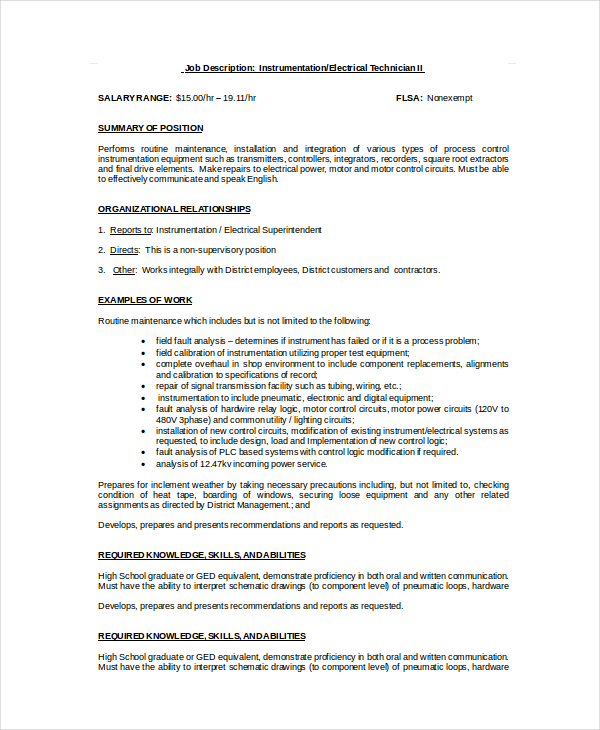 Electrician Job Description 9+ Free PDF, Word Dowload Documents