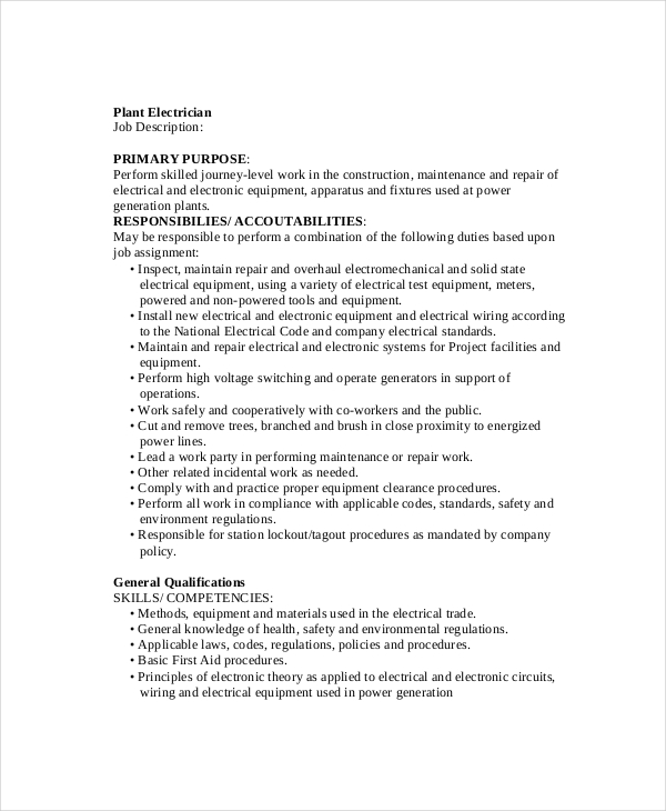 Electrician Job Description 9+ Free PDF, Word Dowload Documents