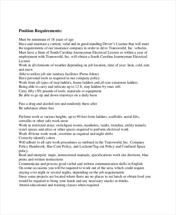 download electrician job description template